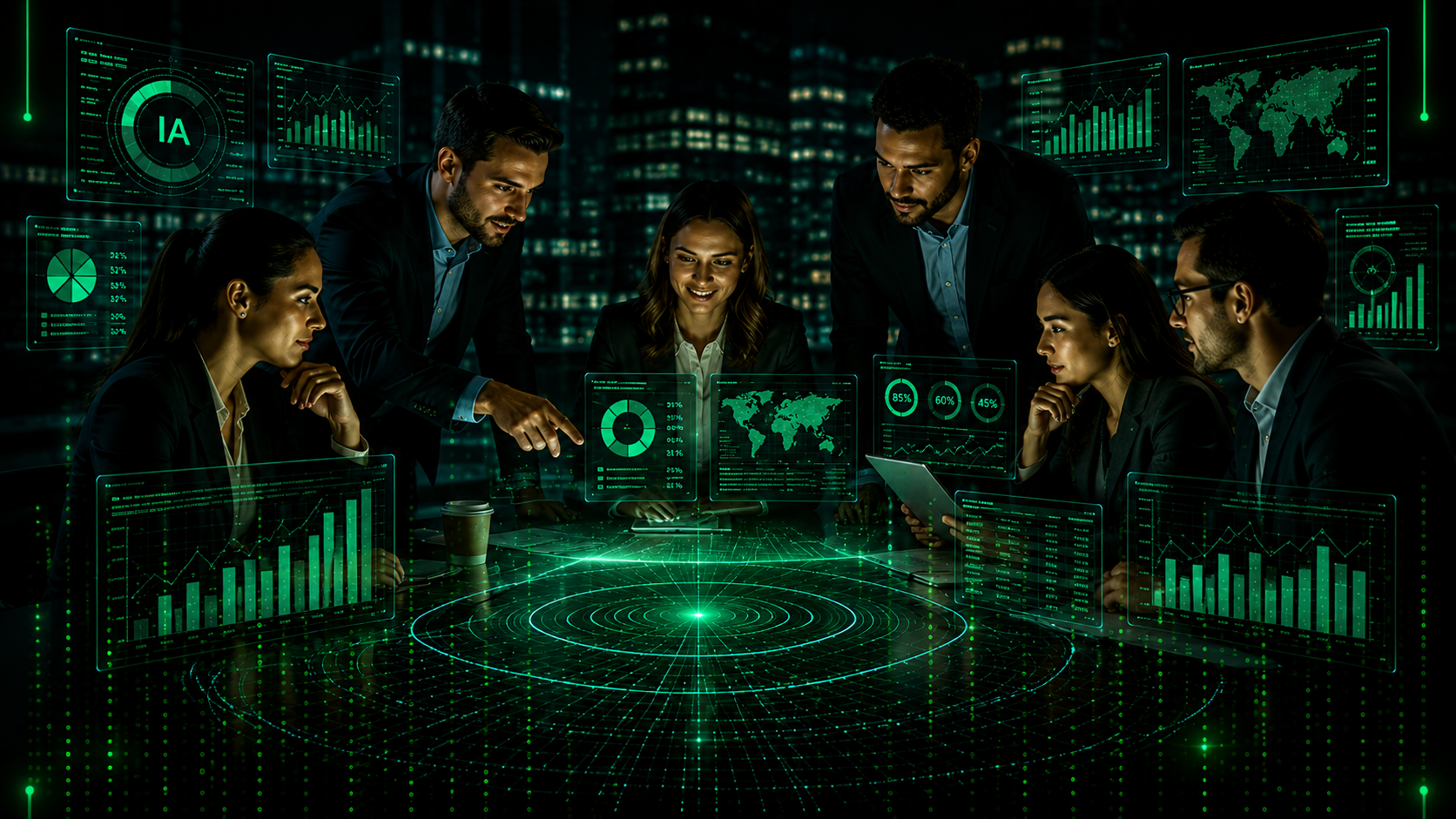 Equipe MG.ia trabalhando com dashboards holográficos